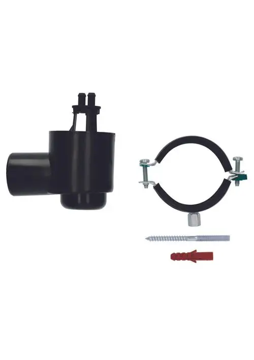 JUDO Siphon-Ersatzteilset mit einem Anschluss für Schläuche, Schrauben und einer Halterung. Teile für die Installation oder Reparatur in Abwassersystemen.